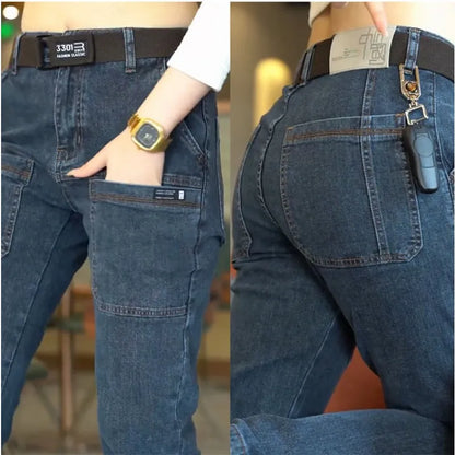 Korean Men Skinny Jeans Y2k Vintage Blue Cargo Denim Pants Pockets Man Casual Streetwear Jeans Trousers Clothing