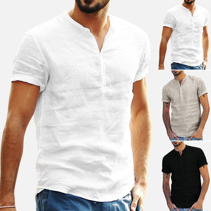 Men's Standing Collar Cotton Linen Short Sleeved Shirt Men's Designer Clothes Popular Tops for Men