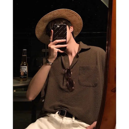 Korean Solid Color Knit Polo Shirt Lapel Short Sleeve T-shirt Men Summer Trend Loose Casual Top Golf Button Polo T Shirt for Men