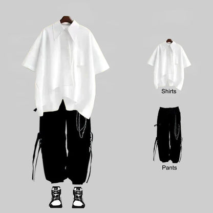 saferido New Men Streetwear Two-piece Suit Splice Chain Long Sleeve+Ribbon Chain Pants Harajuku Cargo Pants 2 Piece Sets Mens Outfits