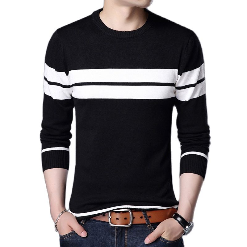 Autumn Men's Knitted Sweater T Shirt Comfy O Neck Long Sleeve Pullover Stripe Patchwork Jumper Casual Bottoming Shirt for Winter