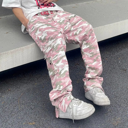 Harajuku Camou Wide Cargo Pants Hiphop Zipper Multi-pocket Pink Camouflage Micro Flared Pants for Men Slim Women Clothing