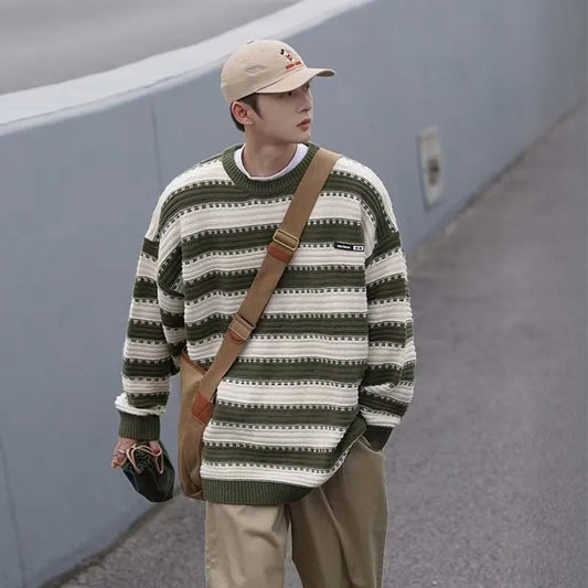 saferido Striped Knitted Sweater Coat Men Japanese Oversize Casual Autumn Winter Loose O-neck Pullovers for Man Streetwear Korean