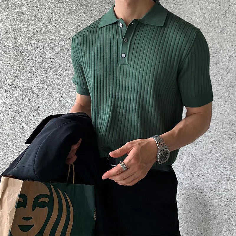 Men's Clothing Luxury Knitted Polo Shirt Casual Striped Button Down Solid Color Short Sleeve Tees Breathable New Knitwear