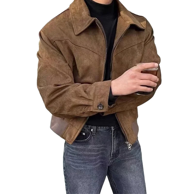 saferido 2024 Elegant Solid Brown Coat Men Spring Autumn High-End Loose Lapel New Zipper Short Jacket Vintage Streetwear Bomber Jacket