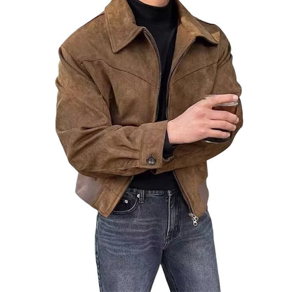 saferido 2024 Elegant Solid Brown Coat Men Spring Autumn High-End Loose Lapel New Zipper Short Jacket Vintage Streetwear Bomber Jacket