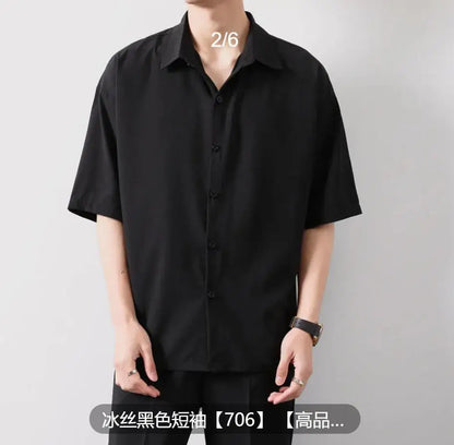 Premium Men Ice Silk Shirt Spring Summer Thin Luxury Loose Korean Business Shirt Solid Trendy Ruffle Draping Shirt Jacket