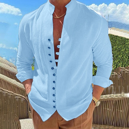 NEW Men's Solid Color Linen Long Sleeve Shirt Button Shirts Trend  vintage Stand Collar Casual Cotton Tops US-Size