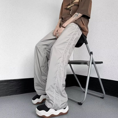 saferido KPOP Fashion Style Harajuku Slim Fit Sweat Pants Loose All Match Casual Pants Stripe Pockets Straight Cylinder Wide Leg Pants