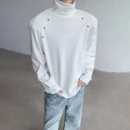 saferido Rivet High Collar White Y2k Long-Sleeved T-Shirt Mens Spring And Autumn Street Fashion Casual Inner Bottoming Shirt Pullover Top