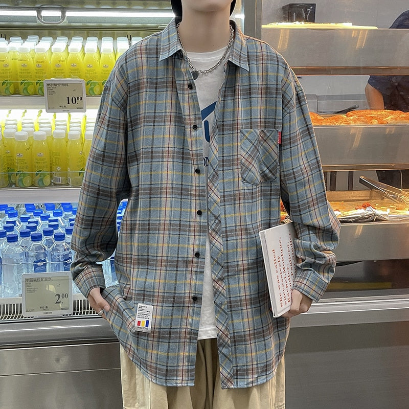 Spring New Oversize Retro Plaid Blouses Male High Quality Long Sleeve Cotton Plaid Shirts Hip Hop Flannel Checked Shirts Men