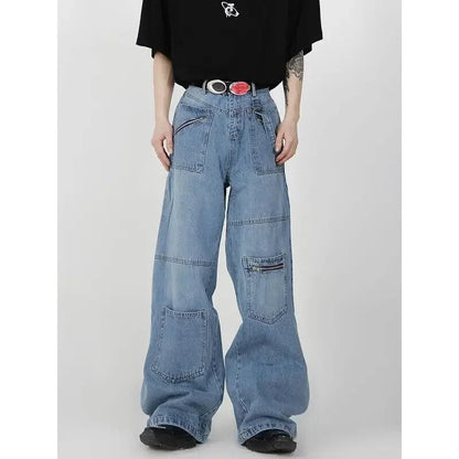 Baggy Cargo Jeans Men Denim Wide Leg Trousers Male Oversize Casual Streetwear Hip Hop Pocket Zipper Safari Style
