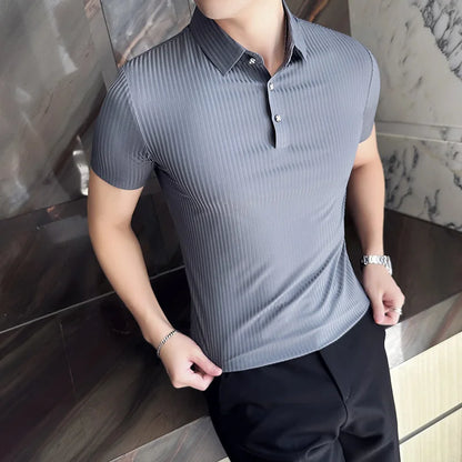saferido Korean Style Men's Summer High Quality Elastic Force Ice Silk Polo Shirts/Male Slim Fit Stripe Casual Polo Shirts 4XL