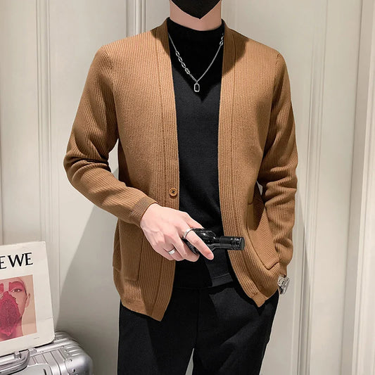 saferido Men Spring Autumn Cardigan Sweater Fashion Sim Fit Patchwork V Neck Mens Knitted Cardigan Single Breasted Casual Sweatercoat Man