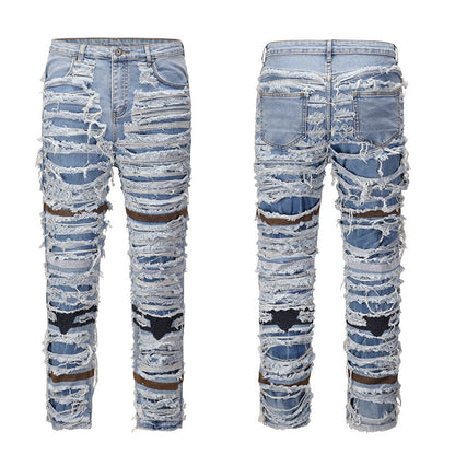Retro Hole Ripped Distressed Jeans for Men Straight Washed Harajuku Hip Hop Loose Denim Trousers Vibe Style Casual Jean Pants