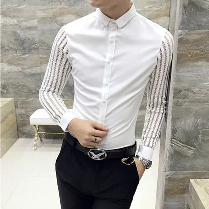 saferido Male Spring Hollow Out Shirt with Long Sleeves/Men's Slim Fit Lapel Business Shirt Brand Clothing Leisure Tops S-3XL