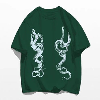 saferido Men's Casual T-Shirt Fashionable Trendy Hip-Hop High Street Y2k Retro Snake Pattern Loose Cotton Top 2024 Spring And Summer