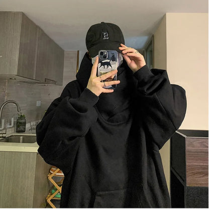 saferido Harajuku High Collar Loose Hoodie Spring Hip Hop Sweatshirt Hooded Baggy Fashion Streetwear Black/Gray Long Sleeve Men Hoodies