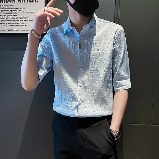 saferido Spring Casual Shirt Men Half Sleeve Slim Fit Business Formal Dress Shirts Social Party Nightclub Stripe Tuxedo Men Clothing 3XL