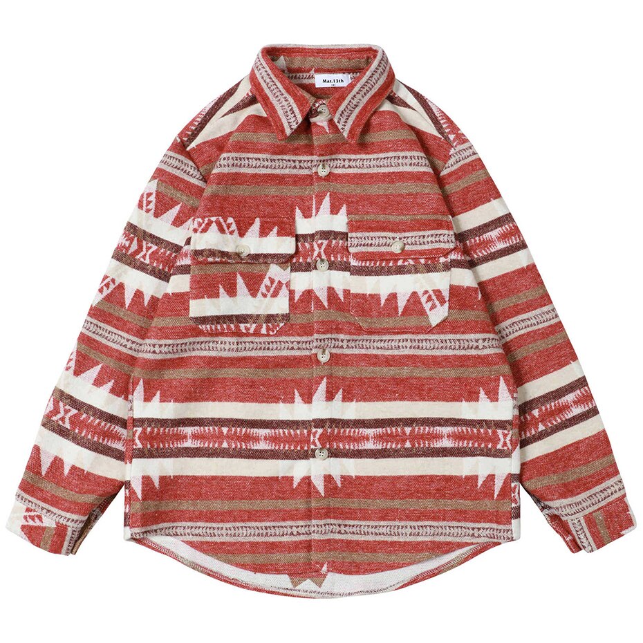 Winter Thicken Button Shirts Geometric Graphic Striped Nation Style Woolen Shirts Men's Autumn Button Up Blouse