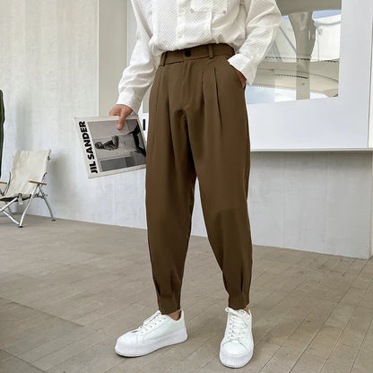 New Fashion Spring Summer Pants Men Tapered Bottom Slit Trousers Korean Style White Khaki Black Elastic Waist Casual Pants Man