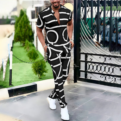 Spring Summer Men's Casual Two Piece Sets Short Sleeve Tops And Long Pants Suit Fashion Pattern Print Outfit Men Streetwear