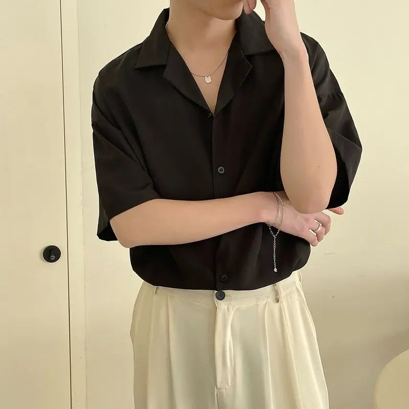 Korean Fashion Men Cuban Collar Short Sleeve Shirt Men Summer Solid Color Business Casual Loose Drape White Dress Shirt