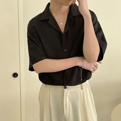 Korean Fashion Men Cuban Collar Short Sleeve Shirt Men Summer Solid Color Business Casual Loose Drape White Dress Shirt