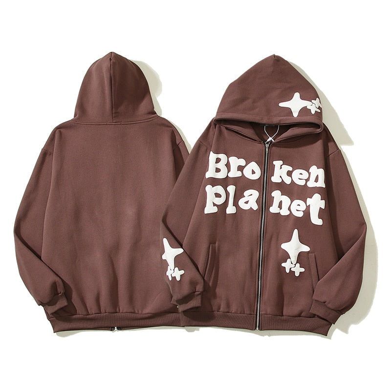 Foam Graffiti Zipper Hooded Hoodies for Men Fleece Casual Cardigan Coat Unisex Hip Hop Loose Sweatshirts