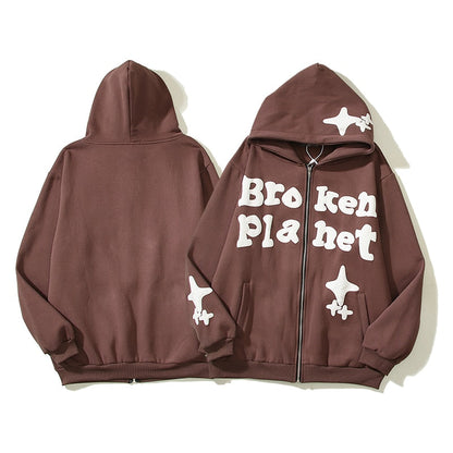 Foam Graffiti Zipper Hooded Hoodies for Men Fleece Casual Cardigan Coat Unisex Hip Hop Loose Sweatshirts