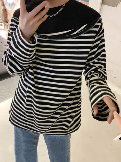 saferido Wide Streetwear Open Shoulder Zipper Fake Two Pieces Stripe Long Sleeve Top Men's Loose Long Sleeved T-shirt Spring