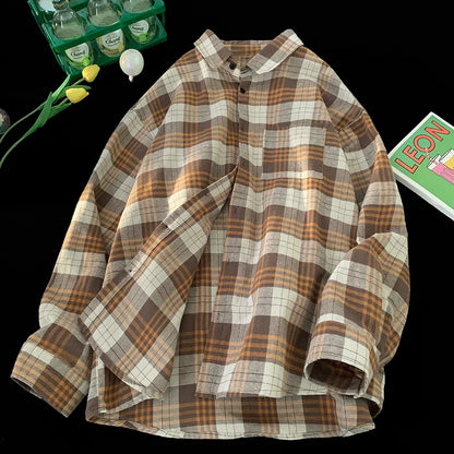 saferido Korean Street Plaid Shirt Coat Men's Long Sleeve Turn Down Collar Casual Shirts Vintage College Style Unisex Fashion Clothing