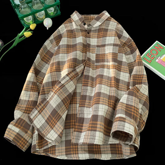 saferido Korean Street Plaid Shirt Coat Men's Long Sleeve Turn Down Collar Casual Shirts Vintage College Style Unisex Fashion Clothing