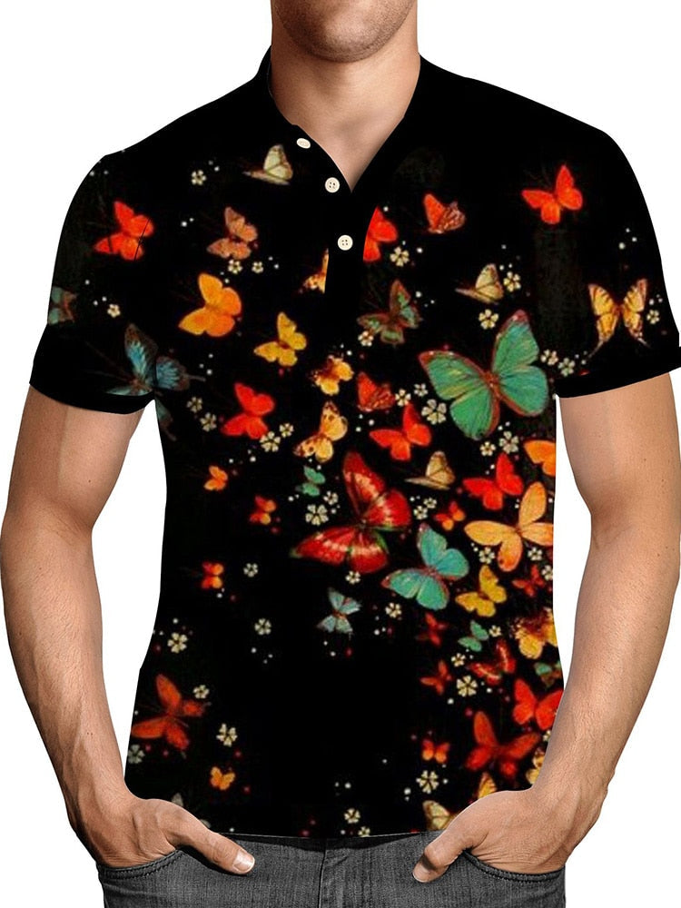 Pullover Tops Mens Fashion Turn-down Collar Button-up Polos  Vintage Print Polo Shirt Men Summer Short Sleeve Casual shirts