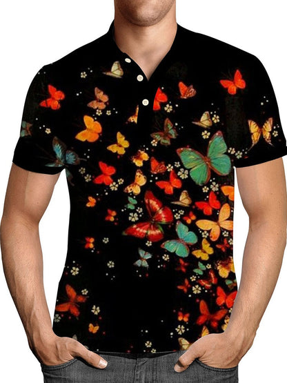 Pullover Tops Mens Fashion Turn-down Collar Button-up Polos  Vintage Print Polo Shirt Men Summer Short Sleeve Casual shirts