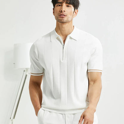 Men's Casual Zipper Polo Shirt Solid Color Texture Lapel Breathable  Leisure Tees for Men Summer Light Luxury Knitwear New