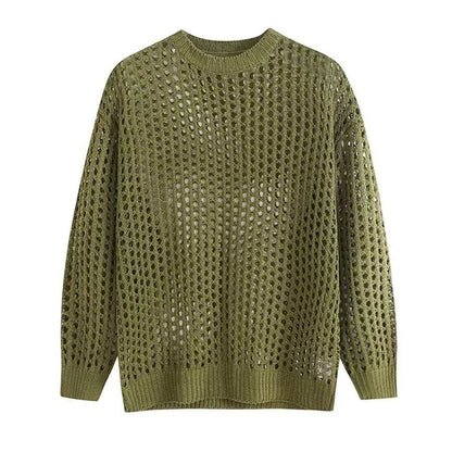 Mens Y2k Hollow Out Outfits See-Through Knit Shirts New Summer Fashion All-Match Casual Geometric Vintage Loose Smock Tops