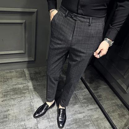 saferido Men Slim British Style Suits Pants Business Casual Trousers Male Solid Fit Trousers High Quality Man Formal Wear Plaid 36 38