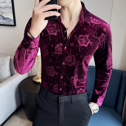Camisa Masculina Autumn Winter Luxury Print Men's Social Shirt Long Sleeve Slim Elegant Velvet Shirts For Men Clothing Formal