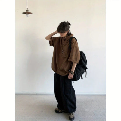New Summer Japanese Mens Set Harajuku Mid Sleeved Trendy Shirt+ Wide-leg Cargo Pants 2-pcs Thin Casual College Male Suit