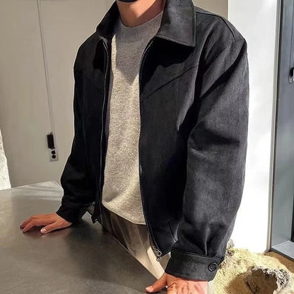 saferido 2024 Elegant Solid Brown Coat Men Spring Autumn High-End Loose Lapel New Zipper Short Jacket Vintage Streetwear Bomber Jacket