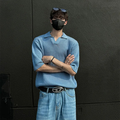 Summer Men's Clothing Light Luxury Korean Popular Hollow Out Polo Shirt Leisure V Neck Short Sleeve Solid Color Retro Knitwear