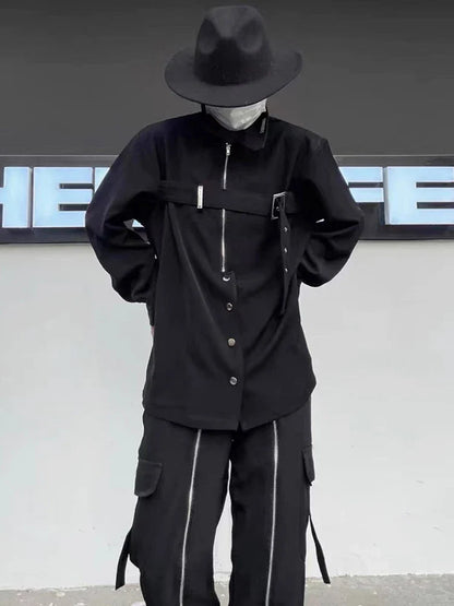 saferido Techwear Shirts Men Darkwear Hip Hop Blouses Punk Black Long Sleeve Button Up Male Zipper Harajuku Japanese Streetwear
