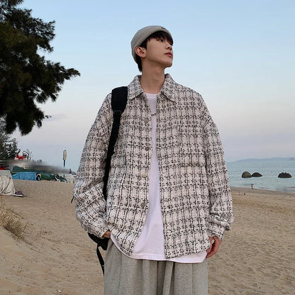saferido French small fragrance coat men's fashion high sense men's clothing spring and autumn tweed woven thousand bird check shirt men