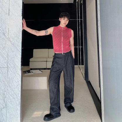 saferido Knitted Vest Men's Stand Collar Handsome Sweater Vest Korean Streetwear Male Clothing 2024 Spring Summer Fashion New