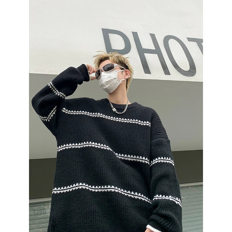 saferido Men Streetwear Harajuku Vintage Knitwears Oversized Knitted Sweater Winter Korean Fashions Striped Sweaters Pullovers