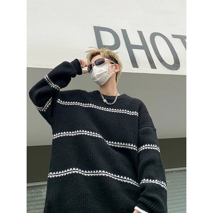 saferido Men Streetwear Harajuku Vintage Knitwears Oversized Knitted Sweater Winter Korean Fashions Striped Sweaters Pullovers