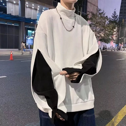 saferido Stylish Stand Collar Spliced Loose Fake Two Pieces T-Shirt Men's Clothing Spring New Casual Pullovers All-match Tee Shirt