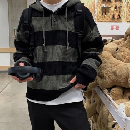 saferido Striped Sweater Men's  Hoodies Autumn Winter Vintage Korean Knitwear Top Stripe Splicing Loose Knitted Sweater Pullover Jumper