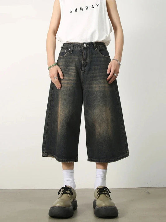 Denim Jeans Men Summer Contrast Color Loose Calf-length American Style High Street Stylish All-match Males Trousers College New